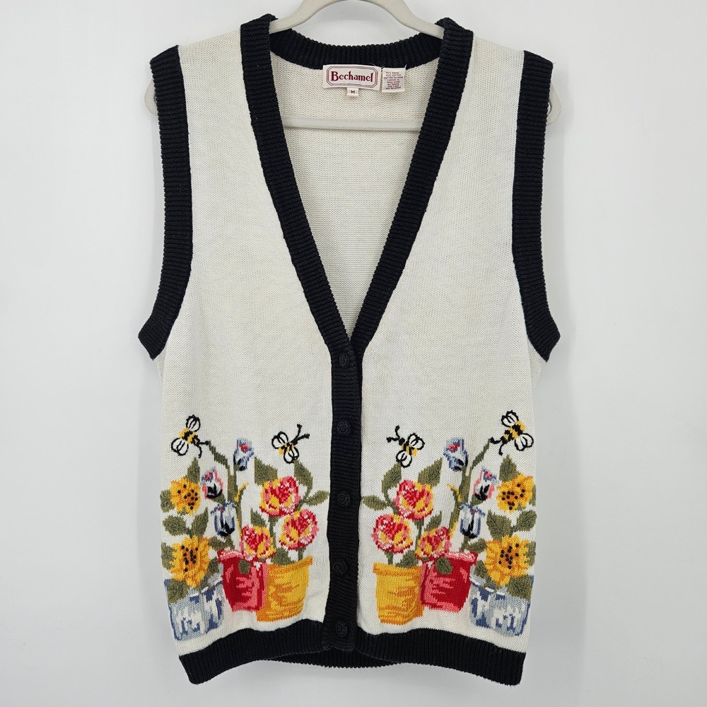 Vintage Bechamel Floral Vest Medium Cream Black Knit Sleeveless Garden Button Up